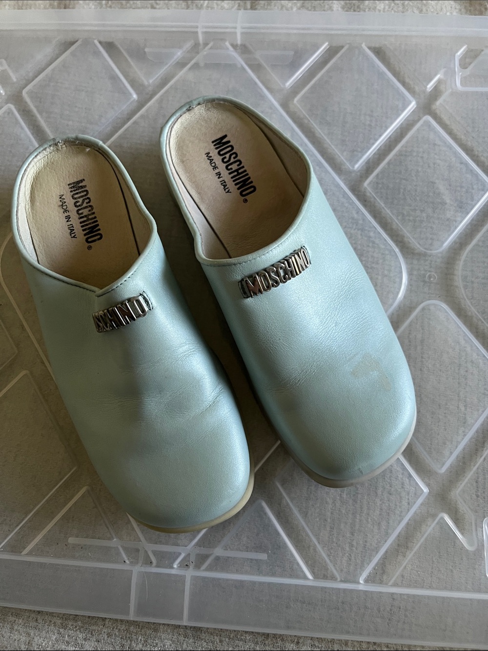 Moschino light blue Leather Slip-On Clogs with Silver Logo